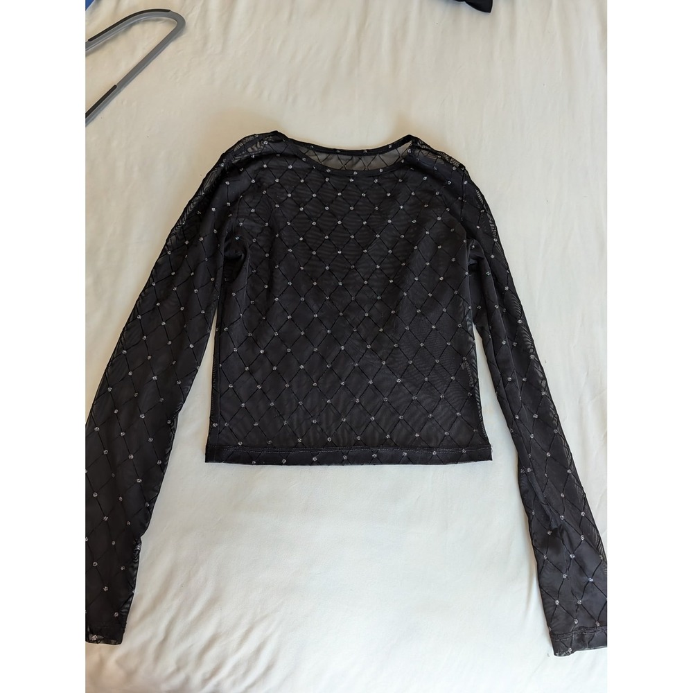 Womens Black Mesh Long Sleeve Top Silver Glitter Diamond Grid Sheer Crop Blouse
